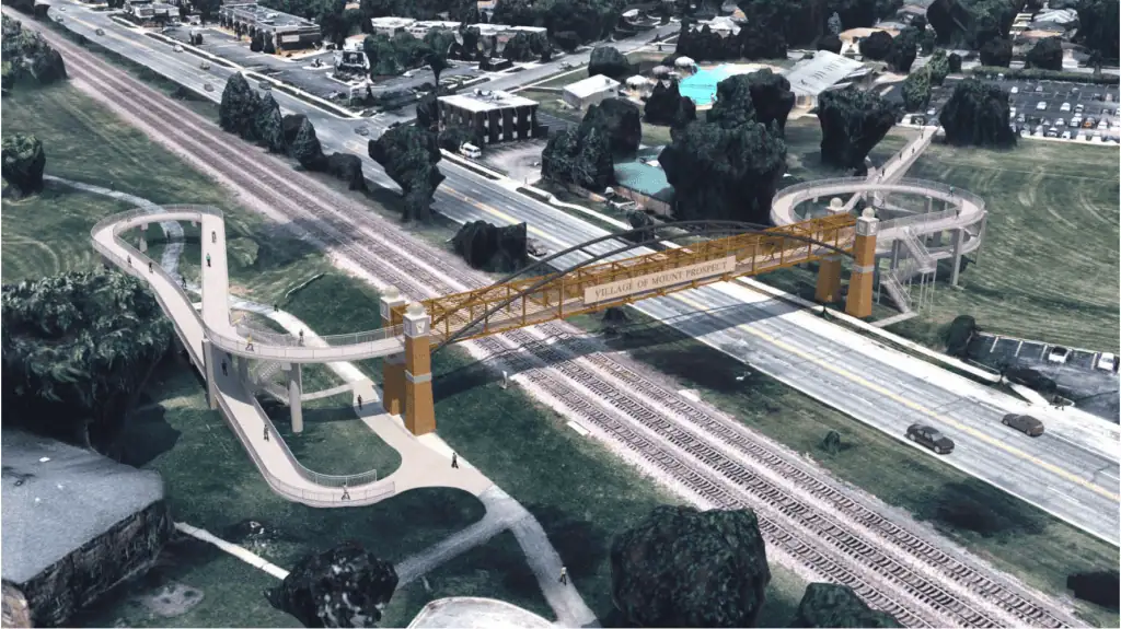 A rendering shows an aerial view of a bike-pedestrian bridge over two railroad tracks and a four-lane road, with circular ramps on either side of the bridge, connecting two parks.